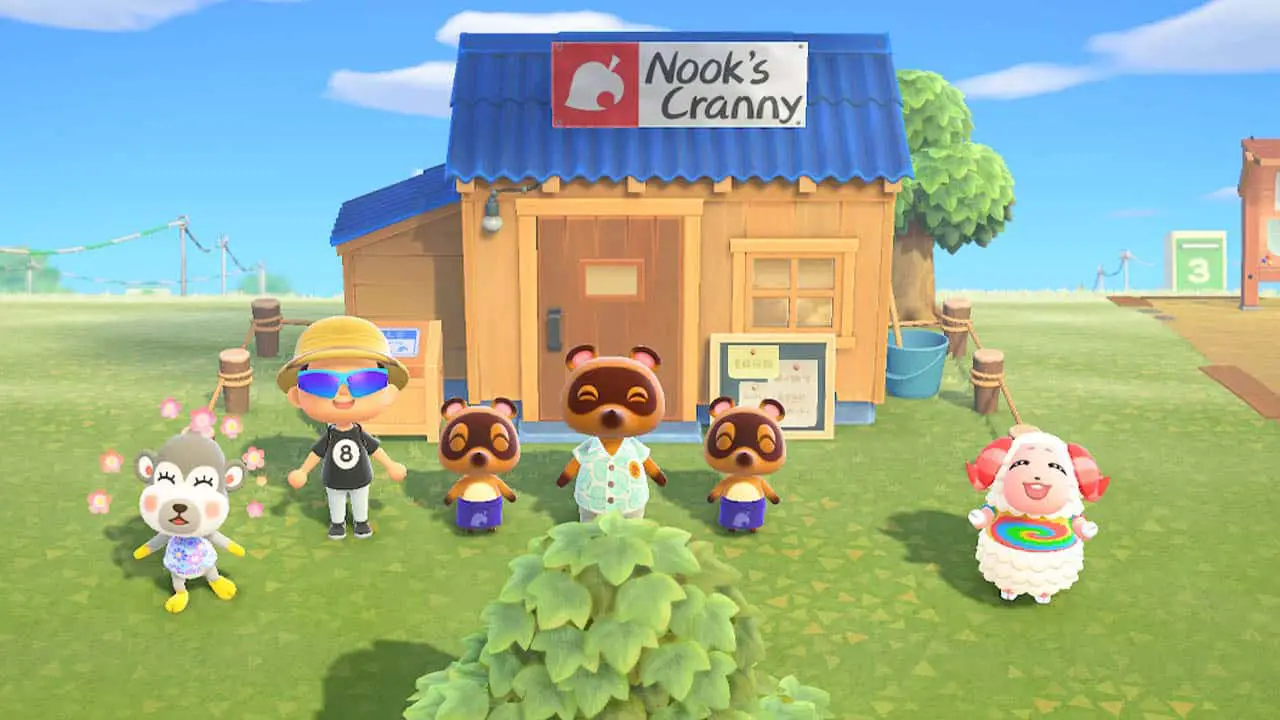 Animal Crossing: New Horizons screenshot of a bunch of animals standing in front of a store celebrating