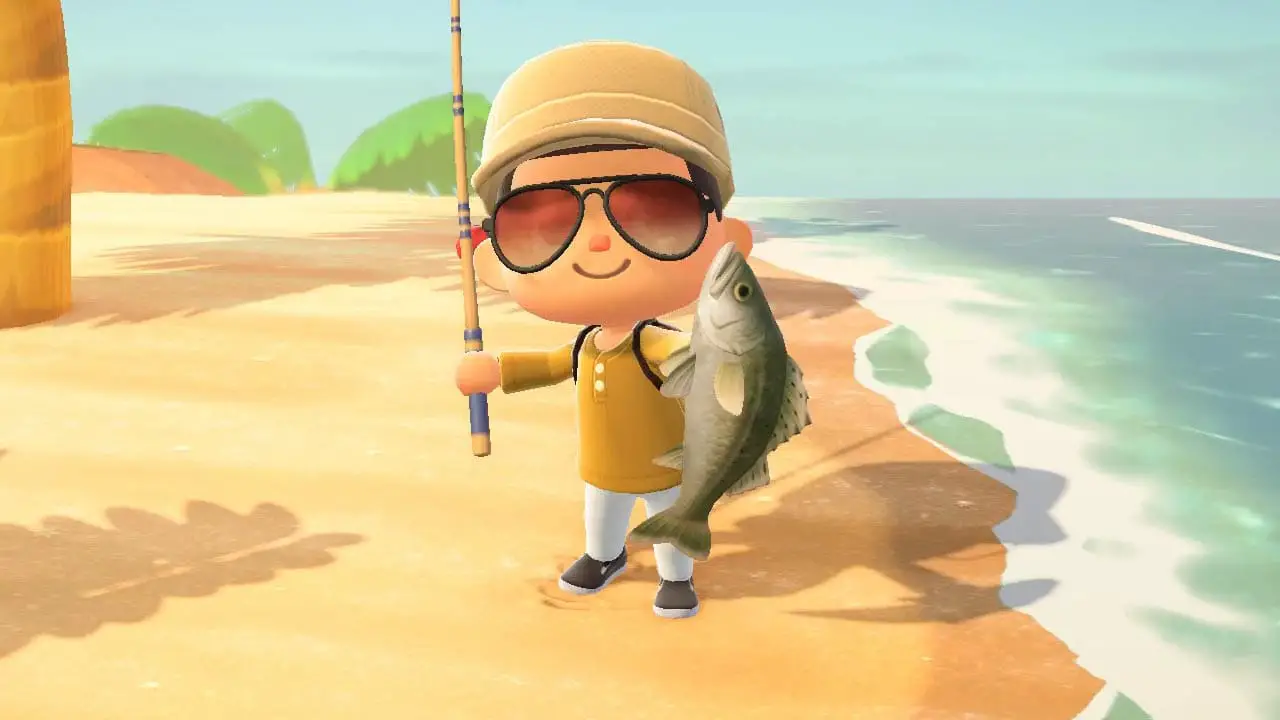 Animal Crossing New Horizons screenshot of a boy holding up a fish