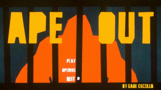 Ape Out Title Screen of an orange silhouette of an ape behind bars with the words "Ape Out" above in yellow font
