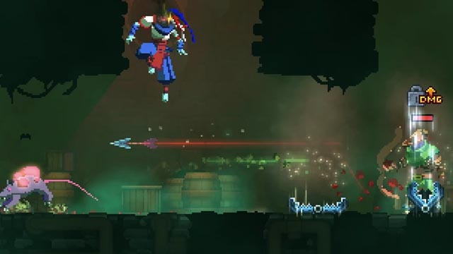 Dead Cells screenshot of the main character in a dank sewers jumping over an archer's arrow