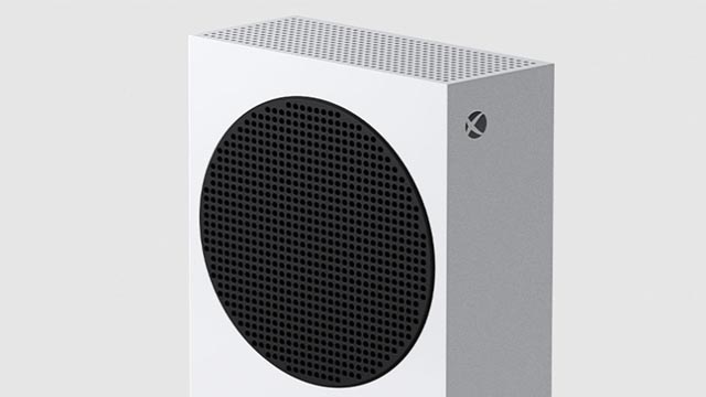 A close up of the Xbox Series X hardware, a rectangular box with a large circular black vent on the front