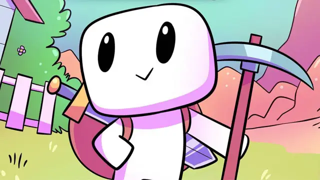 Forager promo art close up of main character who looks like a happy marshmallow man wearing a backpack and holding a pickax