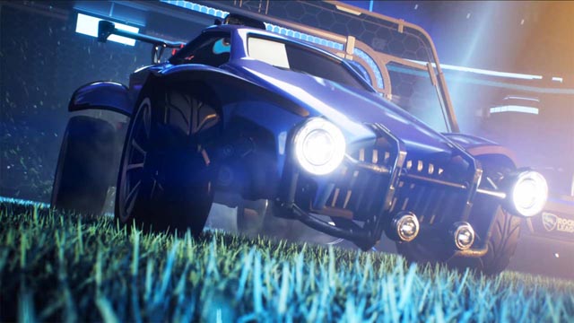 Rocket League promo art close up of a bkue car with its headlights shining