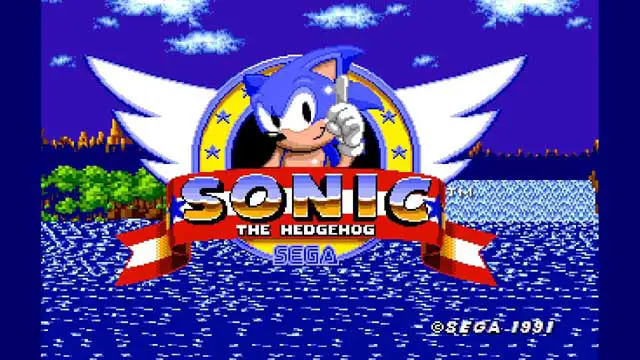 Sonic Title Screen of Sonic the hedghog smiling and waving his finger in front of blue water