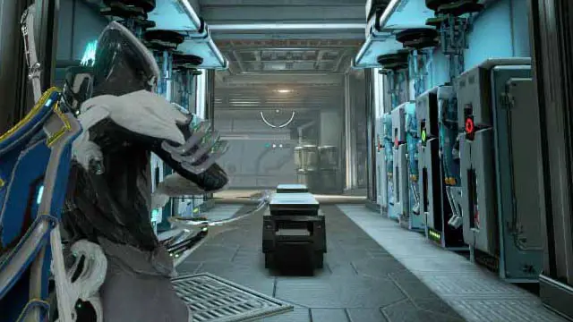 A space ninja wearing armor standing in a metallic room full of lockers