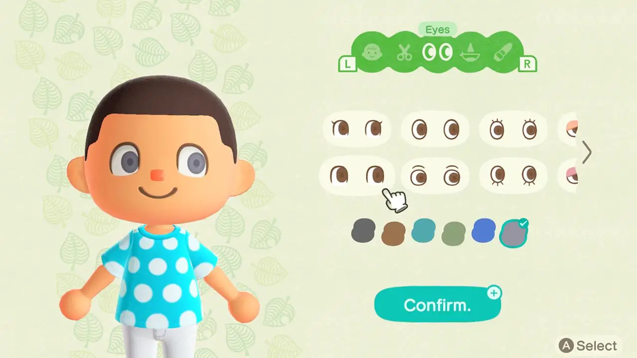 Animal Crossing fall screenshot of a boy with "eye" selection to the right
