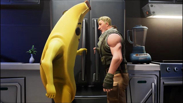 Fortnite cinematic of a soldier and humanoid banana man smiling at each other in front of a refrigerator