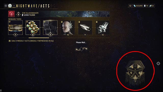 Warframe screenshot of items on the screen with a red circle indicating where to click on the screen to activate Glassmaker Act 5 mission