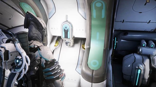 Warframe screenshot of main in white armor standing in front of a monitor inside a white spaceship