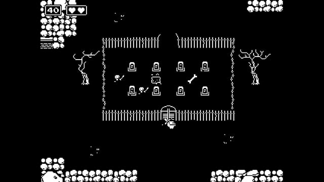 Minit screenshot of main character looking at a graveyard