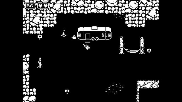 Minit screenshot of the main character outside a camper in the desert