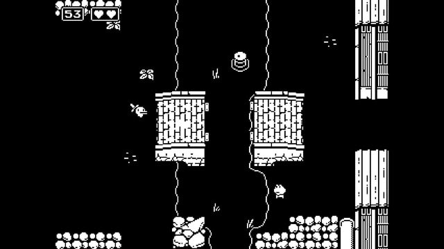 Minit screenshot of main character standing in front of a broken bridge that can't be crossed