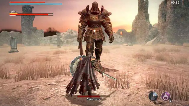 Animus screenshot of a knight with a sword and armor facing a giant knight in armor