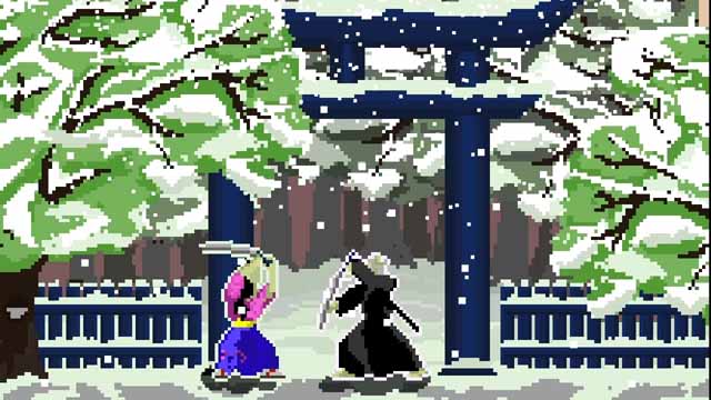 One Strike screenshot; two samurais doing battle in a snowfield with pixel visuals