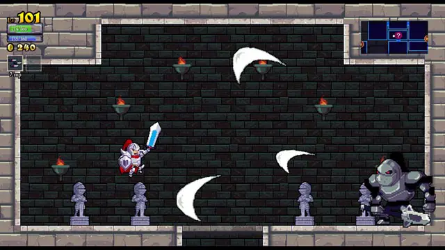 Rogue Legacy screenshot; a kinght jumping over a large golem's attack
