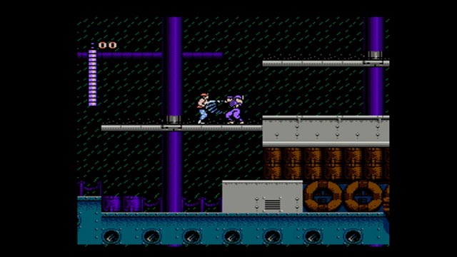 Shadow of the Ninja screenshot; a ninja striking a soldier with his sword in a factory setting with pixel graphics