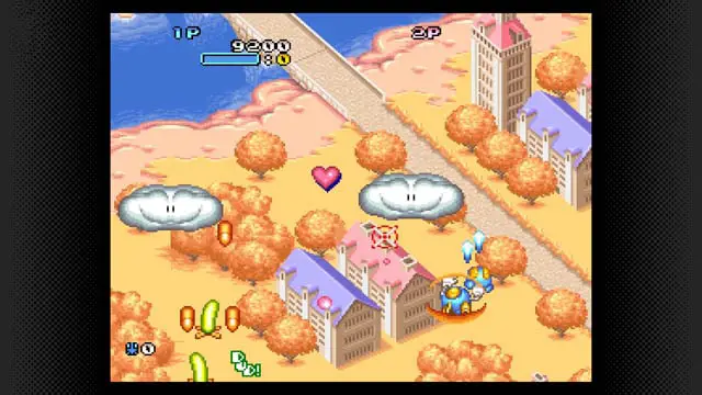 Cute colorful roads, smiling clouds from a top-down view (a TwinBee screenshot)