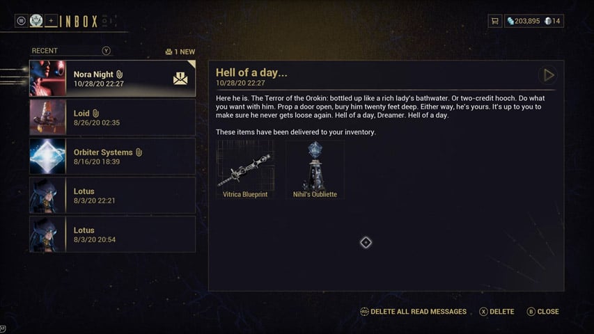 Reward screen showing off a sword and amulet for beating Nihil, the god entity