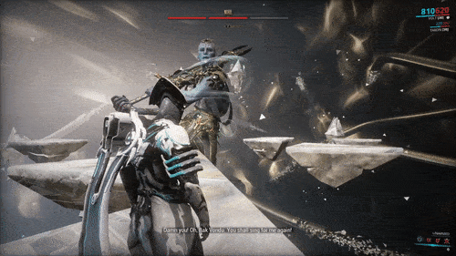 An animated GIF image of a space ninja picking up a glass shard shot by a god like entity and throwing it back at it