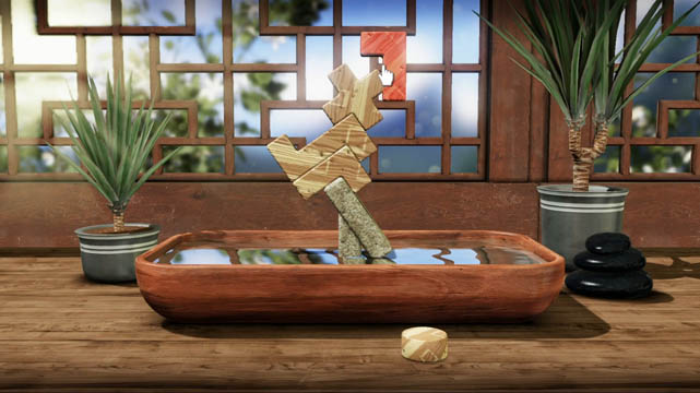 Shapes balacning on each other in a bowel of water on a table; Art of Balance screenshot