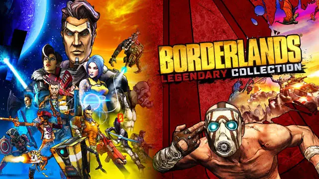 Borderlands art of sci-fi western characters with the Borderlands logo
