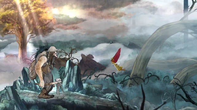A little girl flying in front of a giant; Child of Light screenshot