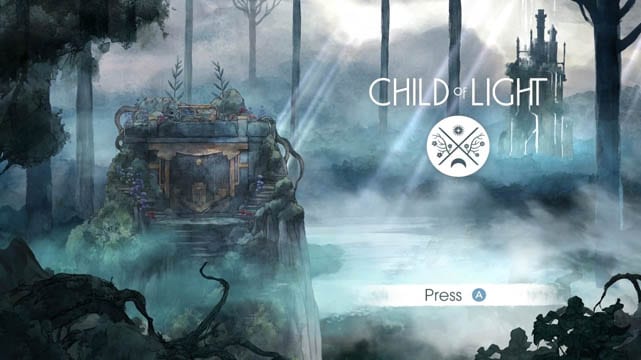 A fog in front of a forest with water color visuals with the Child of Light logo to the right of the screen