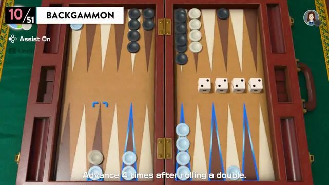 A backgammon board with white and black tokens placed across the board along with four dice
