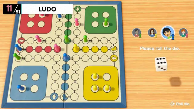 A Ludo game board with green, yellow, red, and blue tokens place across the board