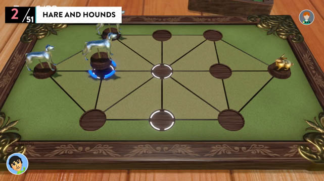 A Hare and Hounds game board with hare and hound tokens
