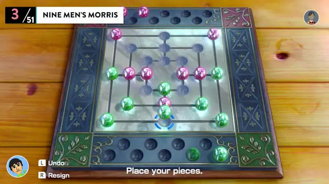 A nine men's morris game board with marbles in the game board's sockets