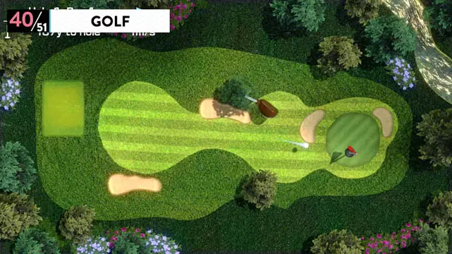 An overhead view of a green golf course