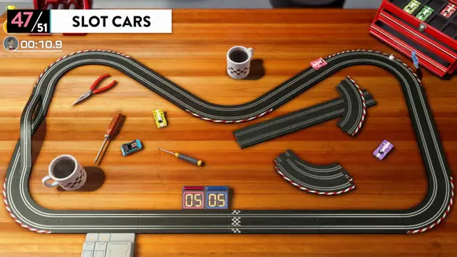 A tabletop with a race track connected on top of it