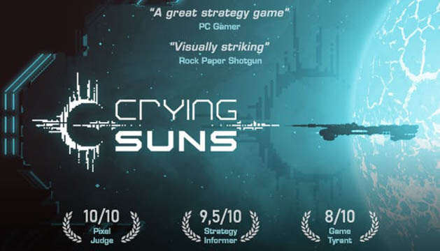 A ship flying across space with the Crying Suns logo