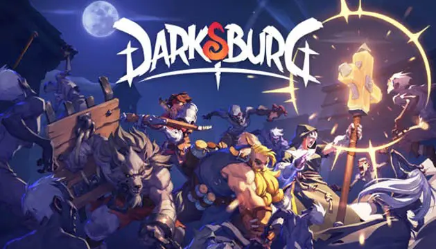 The Darksburg logo against a night sky with a bunch of characters beneath it ready to battle