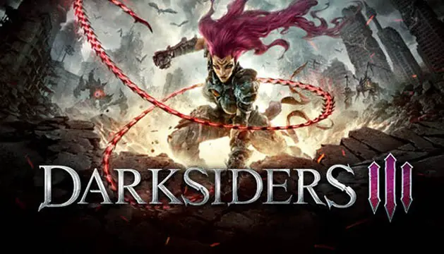 A red headed woman flinging her whip with the Darksiders 3 logo at the bottom