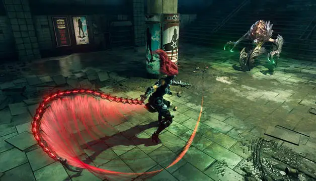 A red headed woman in a tiled floor tomb flinging her red whip from Darksiders 3