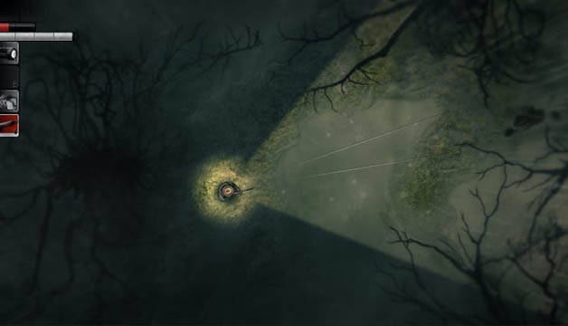 A person with a flashlight exploring a desolate woods from a top down perspective from the game Darkwood