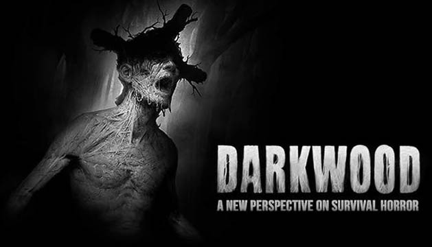 A nakedchested man in agony in black and white with the Darkwood logo next to him