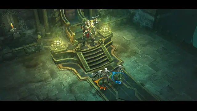 Two characters staring at a Skeleton King on its throne inside a crypt from a screenshot of Diablo 3 for Nintendo Switch