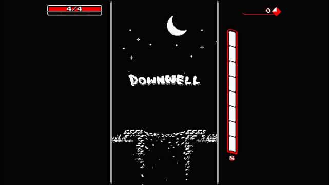 Downwell logo against a black night sky, below a crescent moon, above the entrance of a well; Downell screenshot