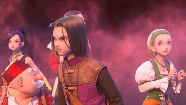 A yong man and his friends looking pensive with maroon smoke surrounding them with pensive expressions on their faces, a screenshot from Dragon Quest XI S