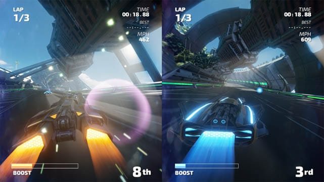 Two cars racing each other in a futuristic setting in split screen; FAST RMX screenshot
