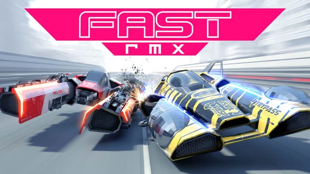 Close up of futuristic cars racing with the FAST RMX logo above