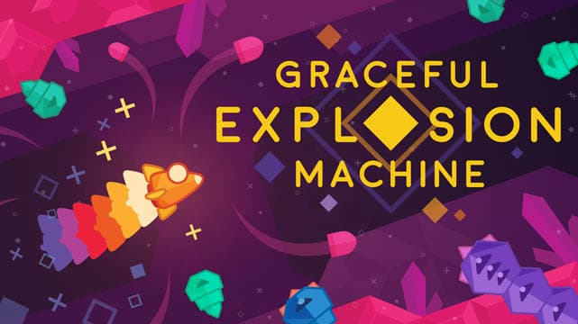 Ship shooting foes in a bright pink and purple tunnel; Graceful Explosion Machine logo to the right of the screen