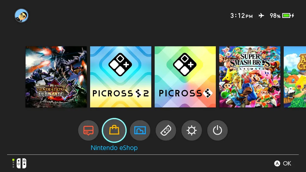 Game icons lined up in a row on the Nintendo Switch home screen with the Nintendo eShop app icon at the bottom of the screen highlighted