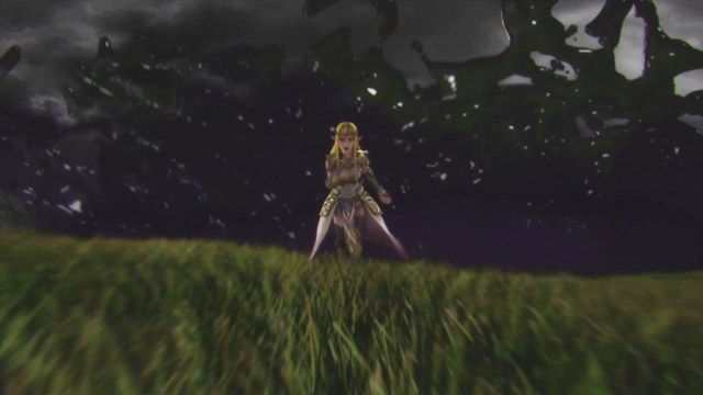 Princess Zelda running through a grass field and away from an approaching black mass