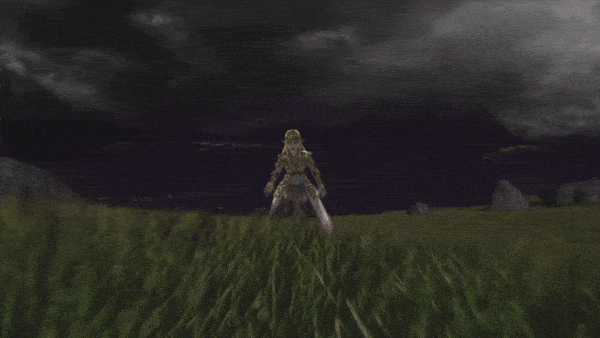 Princess Zelda running through a grass field and away from an approaching black mass