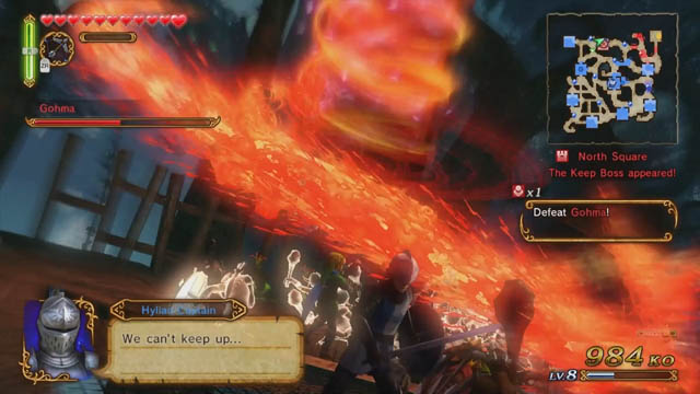 A pillar of fire swarming Link's enemies in a forest