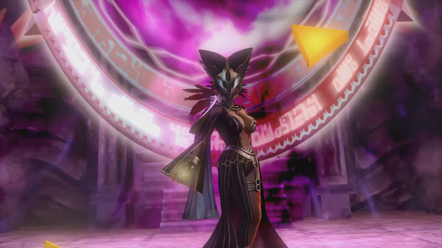 An evil wich with a bird helmet and black gown stands in front of a purple portal as two Triforce parts fly to her